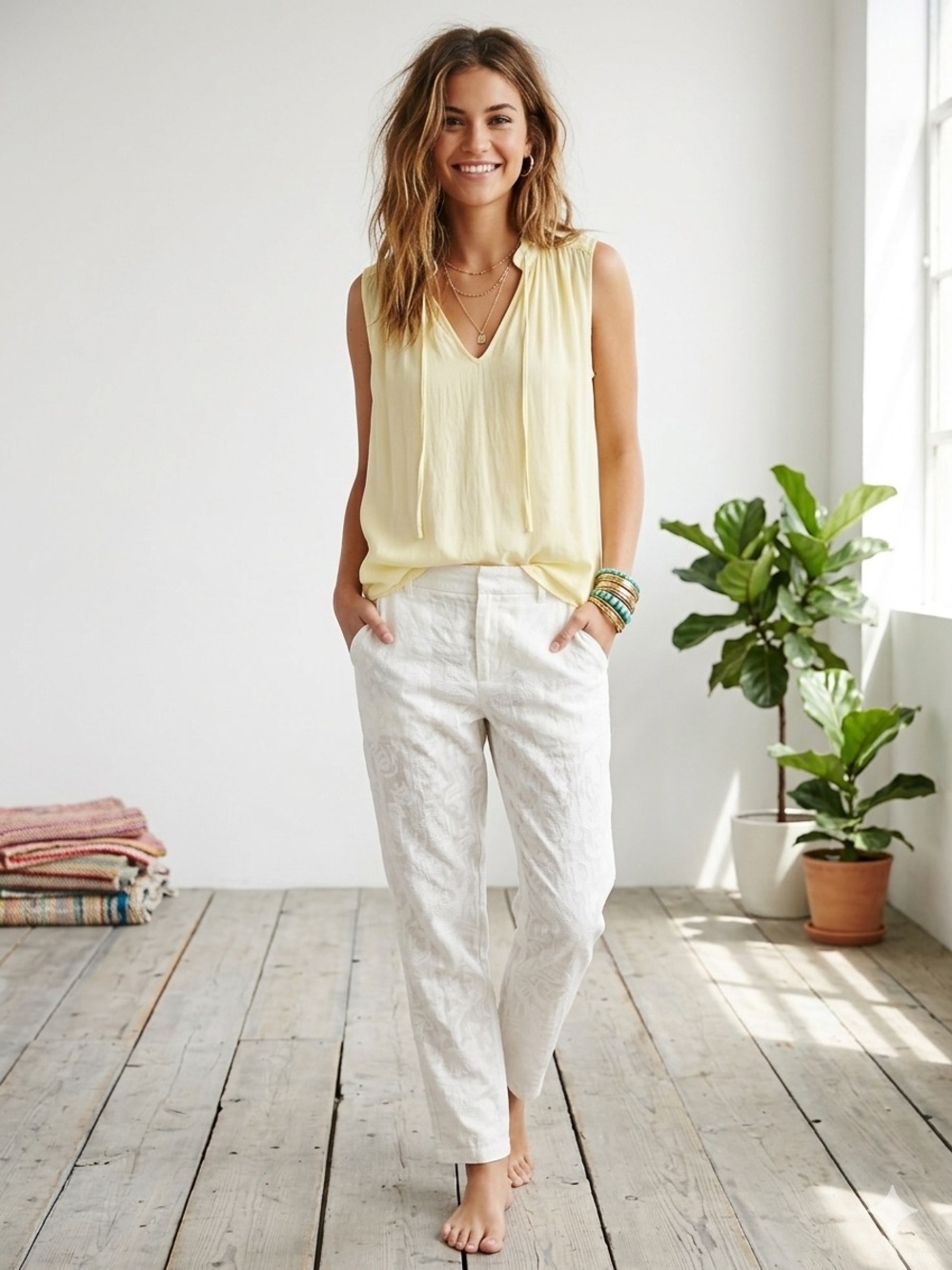 Anthropologie Cloth & Sone Pale Butter Yellow Sleeveless Tie V-Neck Top